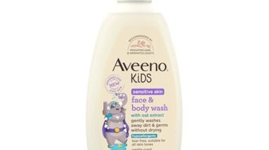 Aveeno Kids Face & Body Wash for Sensitive Skin, Oat Extract, Tear-Free, Non-Drying, Light Scent, Pump Dispenser, Hypoallergenic, Sulfate & Dye Free, 18 fl oz