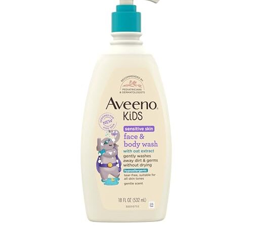 Aveeno Kids Face & Body Wash for Sensitive Skin, Oat Extract, Tear-Free, Non-Drying, Light Scent, Pump Dispenser, Hypoallergenic, Sulfate & Dye Free, 18 fl oz