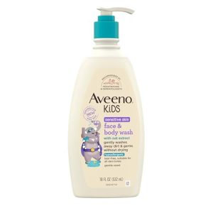 Aveeno Kids Face & Body Wash for Sensitive Skin, Oat Extract, Tear-Free, Non-Drying, Light Scent, Pump Dispenser, Hypoallergenic, Sulfate & Dye Free, 18 fl oz