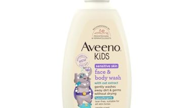 Aveeno Kids Face & Body Wash for Sensitive Skin, Oat Extract, Tear-Free, Non-Drying, Light Scent, Pump Dispenser, Hypoallergenic, Sulfate & Dye Free, 18 fl oz