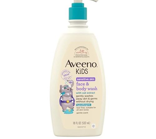 Aveeno Kids Face & Body Wash for Sensitive Skin, Oat Extract, Tear-Free, Non-Drying, Light Scent, Pump Dispenser, Hypoallergenic, Sulfate & Dye Free, 18 fl oz