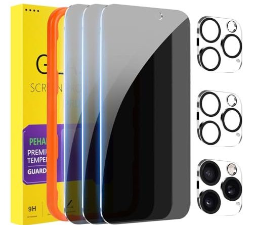 PEHAEL 3+3Pack for iPhone 16 Pro Max Privacy Screen Protector with Camera Lens Protector Full Coverage Anti-Spy Tempered Glass Film 9H Hardness Easy Installation Bubble Free [6.9 inch]