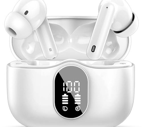 Wireless Earbuds, Bluetooth 5.4 Headphones Bass Stereo, Ear Buds with Noise Cancelling Mic, LED Display in Ear Earphones Clear Calls, IP7 Waterproof Bluetooth Earbuds for Phones/Sports/Laptop, White