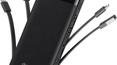 charmast Portable Charger with Built in Cables, Power Bank with Cords Wires, Slim 10000mAh Travel Battery Pack 6 Outputs 3 Inputs 3A Fast Charging for Samsung Google Pixel LG Moto iPhone iPad