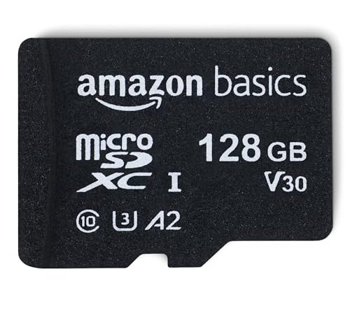 Amazon Basics Micro SDXC Memory Card with Full Size Adapter, A2, U3, Read Speed up to 100 MB/s, 128 GB, Black